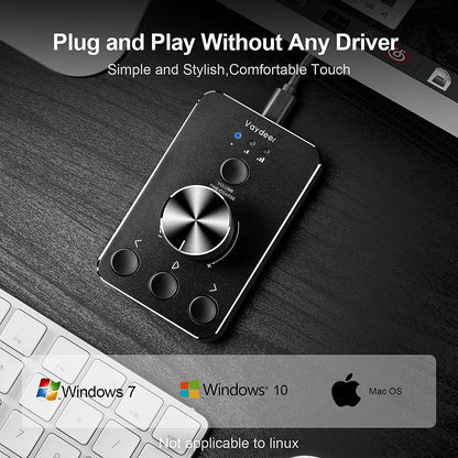 Placa de control sunet USB, cu buton dual pentru volum si mute, din aluminiu, plug & play, compatibil Mac OS, Windows, Linux, negru
