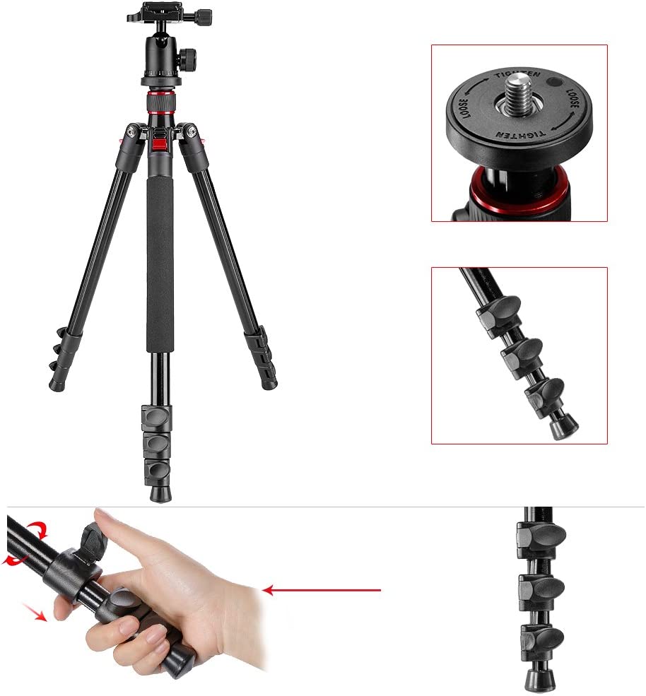 Trepied foto telescopic Neewer 56-158 cm, cap cu bila cu placa de eliberare rapida, suruv 1/4 inch, picioare rotative 180 grade, cu geanta de protectie si transport, capacitate de incarcare pana la 8 kg, pentru camera foto, video