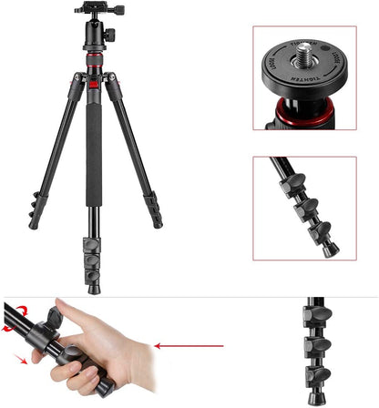 Trepied foto telescopic Neewer 56-158 cm, cap cu bila cu placa de eliberare rapida, suruv 1/4 inch, picioare rotative 180 grade, cu geanta de protectie si transport, capacitate de incarcare pana la 8 kg, pentru camera foto, video