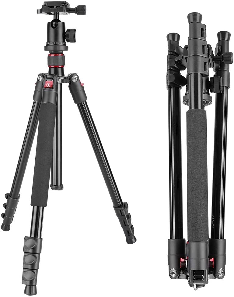 Trepied foto telescopic Neewer 56-158 cm, cap cu bila cu placa de eliberare rapida, suruv 1/4 inch, picioare rotative 180 grade, cu geanta de protectie si transport, capacitate de incarcare pana la 8 kg, pentru camera foto, video