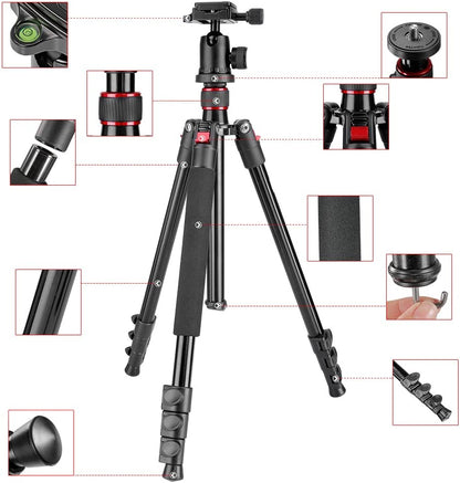 Trepied foto telescopic Neewer 56-158 cm, cap cu bila cu placa de eliberare rapida, suruv 1/4 inch, picioare rotative 180 grade, cu geanta de protectie si transport, capacitate de incarcare pana la 8 kg, pentru camera foto, video