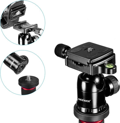 Trepied foto telescopic Neewer 56-158 cm, cap cu bila cu placa de eliberare rapida, suruv 1/4 inch, picioare rotative 180 grade, cu geanta de protectie si transport, capacitate de incarcare pana la 8 kg, pentru camera foto, video