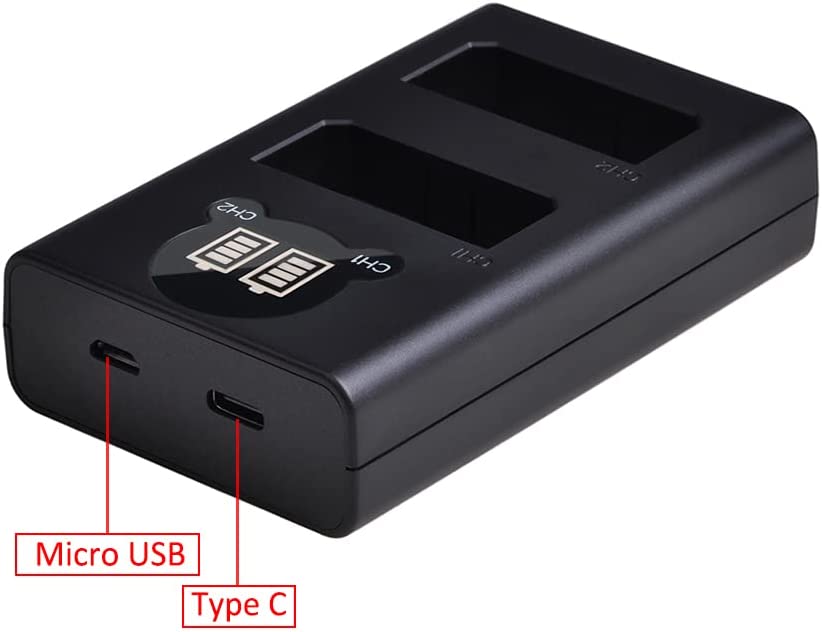 Set 2 acumulatori LP-E5 1500 mAh cu incarcator dublu cu indicator LED si port Micro USB si USB C, pentru Canon LP-E5, Canon EOS Rebel XS, Rebel T1i, Rebel XSi, 1000D, 500D, 450D, Kiss X3, Kiss X2 si Kiss F
