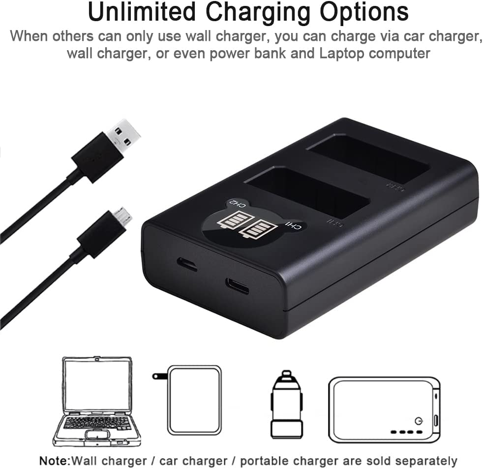 Set 2 acumulatori LP-E5 1500 mAh cu incarcator dublu cu indicator LED si port Micro USB si USB C, pentru Canon LP-E5, Canon EOS Rebel XS, Rebel T1i, Rebel XSi, 1000D, 500D, 450D, Kiss X3, Kiss X2 si Kiss F