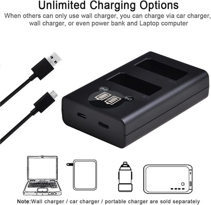 Set 2 acumulatori LP-E5 1500 mAh cu incarcator dublu cu indicator LED si port Micro USB si USB C, pentru Canon LP-E5, Canon EOS Rebel XS, Rebel T1i, Rebel XSi, 1000D, 500D, 450D, Kiss X3, Kiss X2 si Kiss F