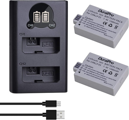 Set 2 acumulatori LP-E5 1500 mAh cu incarcator dublu cu indicator LED si port Micro USB si USB C, pentru Canon LP-E5, Canon EOS Rebel XS, Rebel T1i, Rebel XSi, 1000D, 500D, 450D, Kiss X3, Kiss X2 si Kiss F