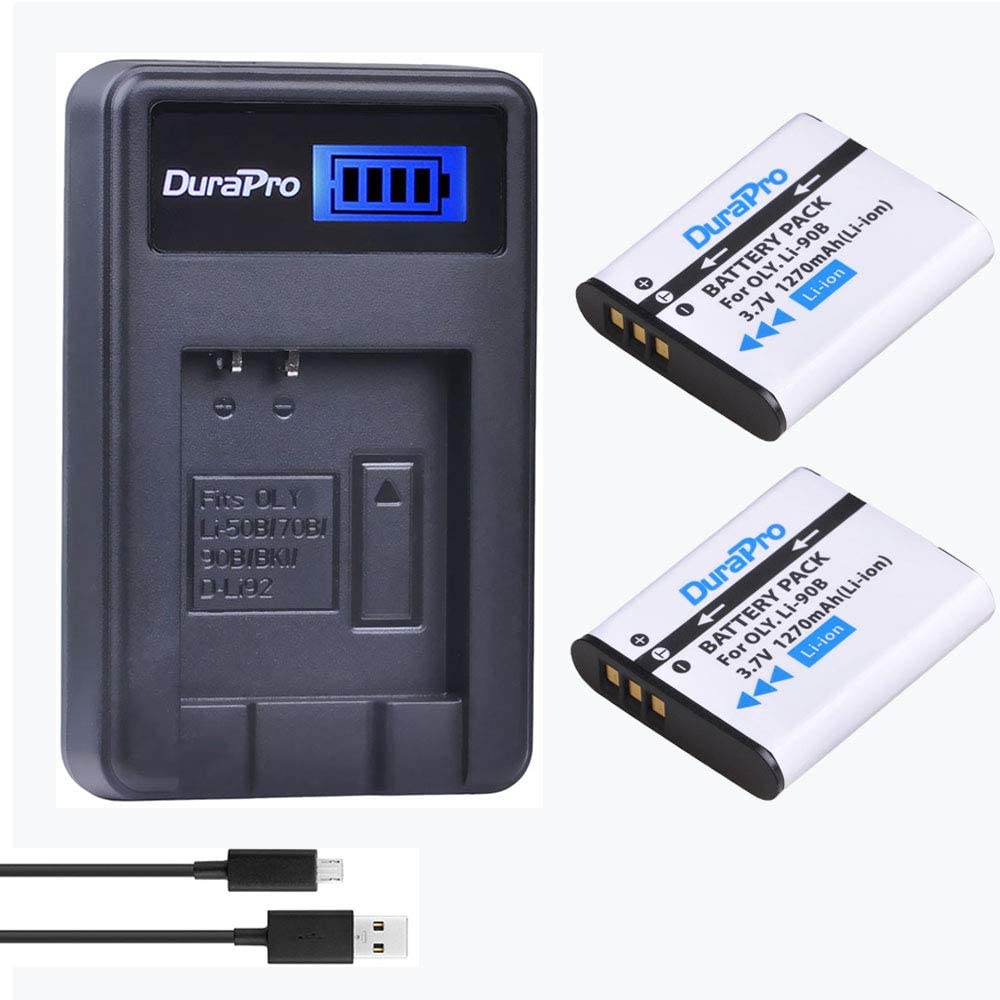 Set 2 acumulatori LI-90B 1270 mAh si incarcator cu display LCD pentru Olympus Tough TG-5, TG Tracker, SH-1, SH-2, SP-100 IHS, Tough TG-1 iHS, Tough TG-2 iHS, Tough TG -3, Camera Tough TG-4,SH60, XZ-2 iHS