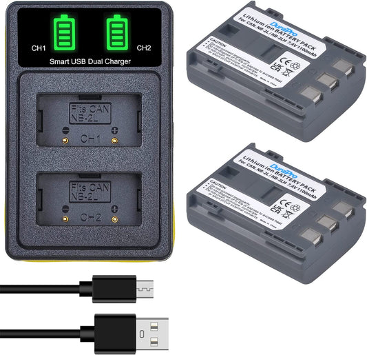 Set de 2 acumulatori NB-2L 1100 mAh si incarcator dual cu ecran LCD si 3 moduri de conectare, pentru Canon EOS 350D 400D MD265 MV960 PowerShot G7 G9 S70 S80 ZR950 ZR960 HG10 HV40