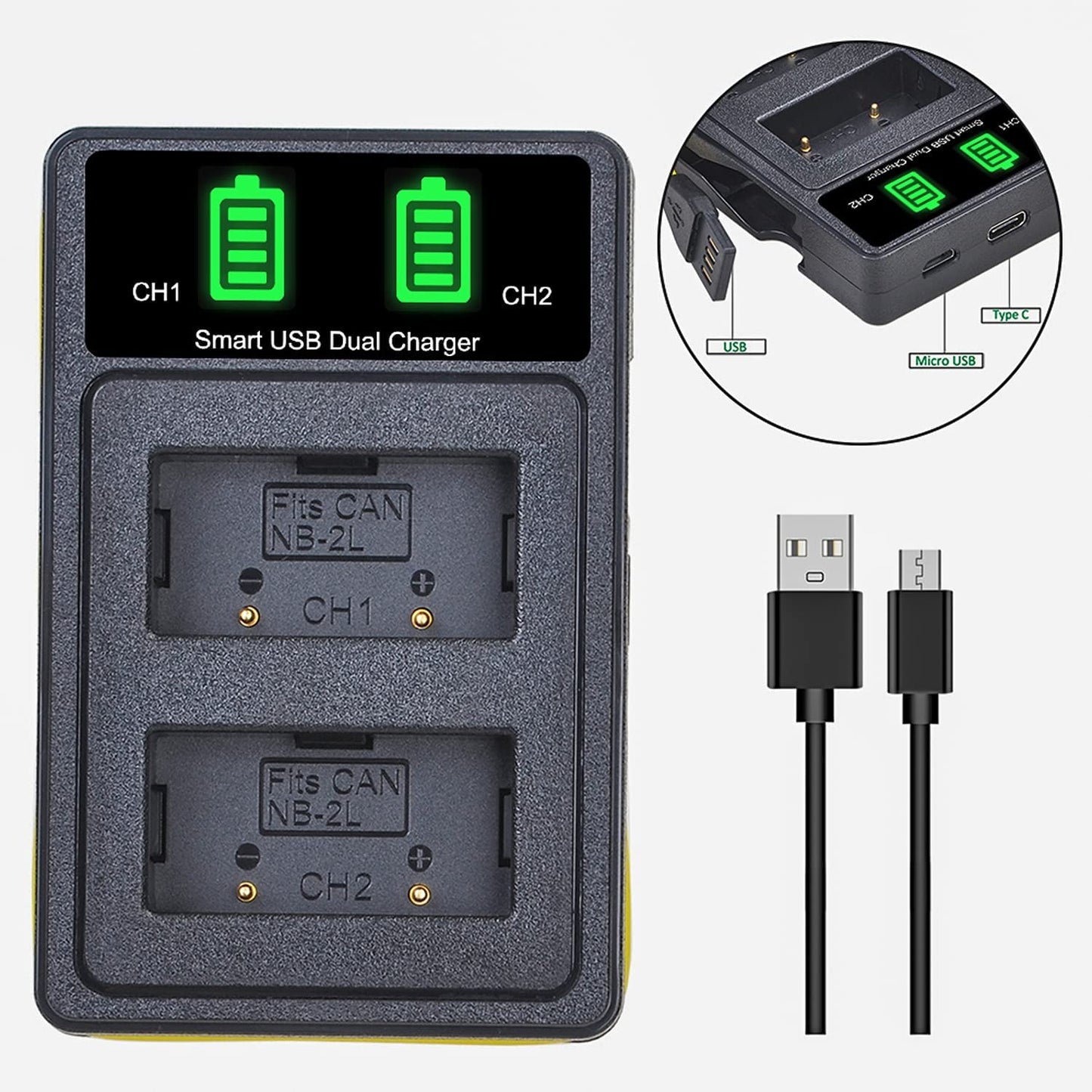 Set de 2 acumulatori NB-2L 1100 mAh si incarcator dual cu ecran LCD si 3 moduri de conectare, pentru Canon EOS 350D 400D MD265 MV960 PowerShot G7 G9 S70 S80 ZR950 ZR960 HG10 HV40
