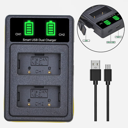 Set de 2 acumulatori NB-2L 1100 mAh si incarcator dual cu ecran LCD si 3 moduri de conectare, pentru Canon EOS 350D 400D MD265 MV960 PowerShot G7 G9 S70 S80 ZR950 ZR960 HG10 HV40