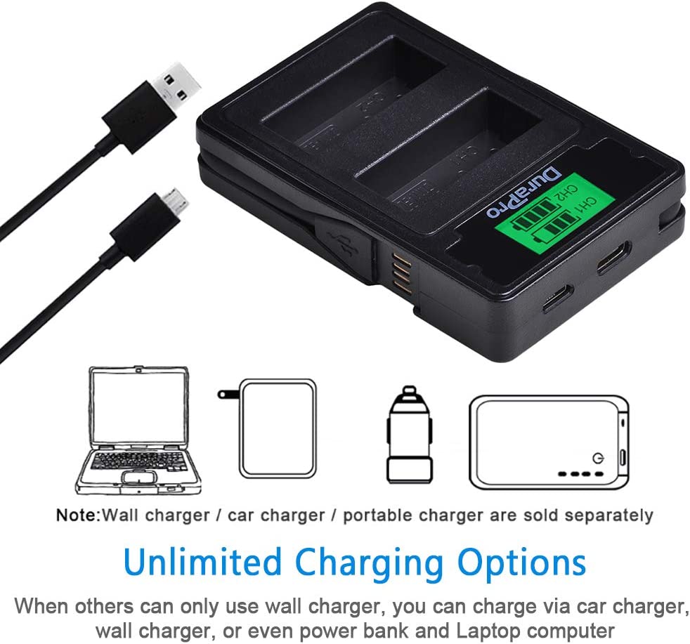 Set de 2 acumulatori DMW-BLE9 1200 mAh cu incarcator dublu cu ecran LCD si 3 moduri de incarcare Micro USB, USB C si USB incorporat, pentru Panasonic DMW-BLG10E Lumix DC TZ202 GX9 DC-LX100 II TZ101 TZ91 TZ81 GF6 GX7 GX80 LX100