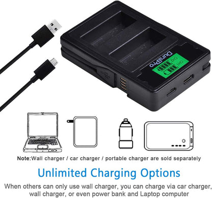 Set de 2 acumulatori DMW-BLE9 1200 mAh cu incarcator dublu cu ecran LCD si 3 moduri de incarcare Micro USB, USB C si USB incorporat, pentru Panasonic DMW-BLG10E Lumix DC TZ202 GX9 DC-LX100 II TZ101 TZ91 TZ81 GF6 GX7 GX80 LX100