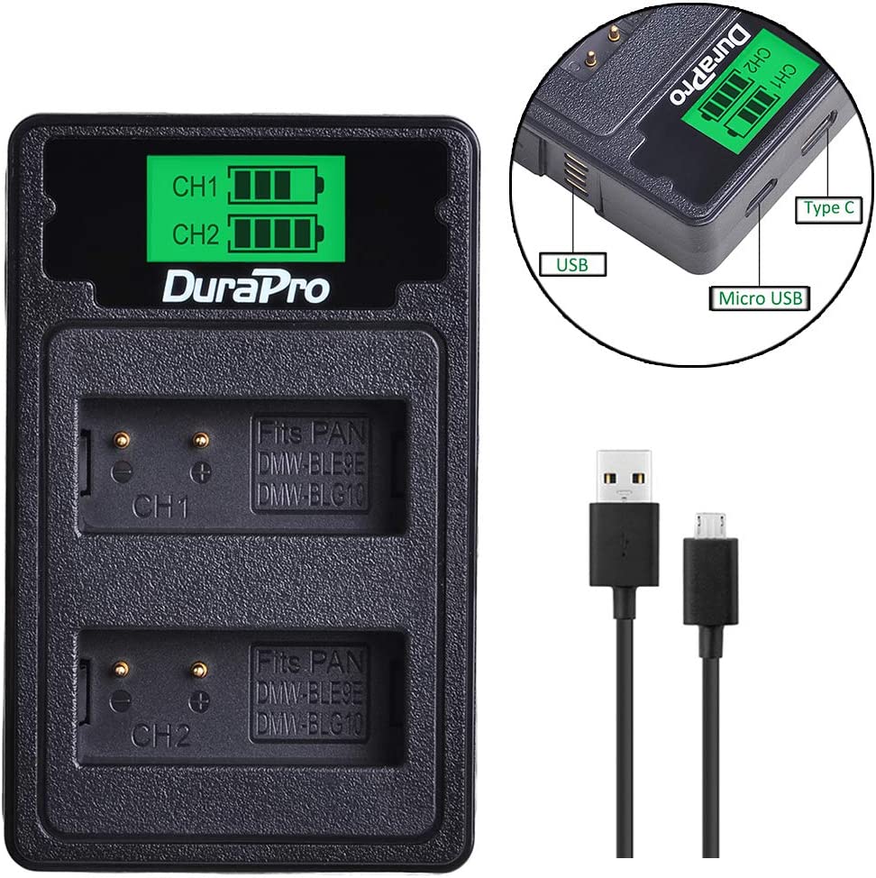 Set de 2 acumulatori DMW-BLE9 1200 mAh cu incarcator dublu cu ecran LCD si 3 moduri de incarcare Micro USB, USB C si USB incorporat, pentru Panasonic DMW-BLG10E Lumix DC TZ202 GX9 DC-LX100 II TZ101 TZ91 TZ81 GF6 GX7 GX80 LX100