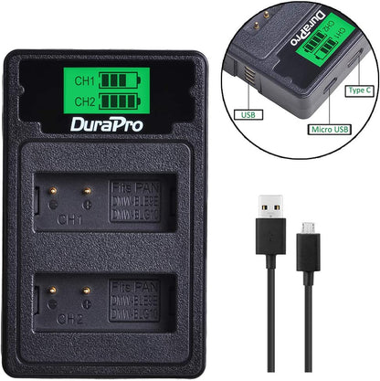 Set de 2 acumulatori DMW-BLE9 1200 mAh cu incarcator dublu cu ecran LCD si 3 moduri de incarcare Micro USB, USB C si USB incorporat, pentru Panasonic DMW-BLG10E Lumix DC TZ202 GX9 DC-LX100 II TZ101 TZ91 TZ81 GF6 GX7 GX80 LX100