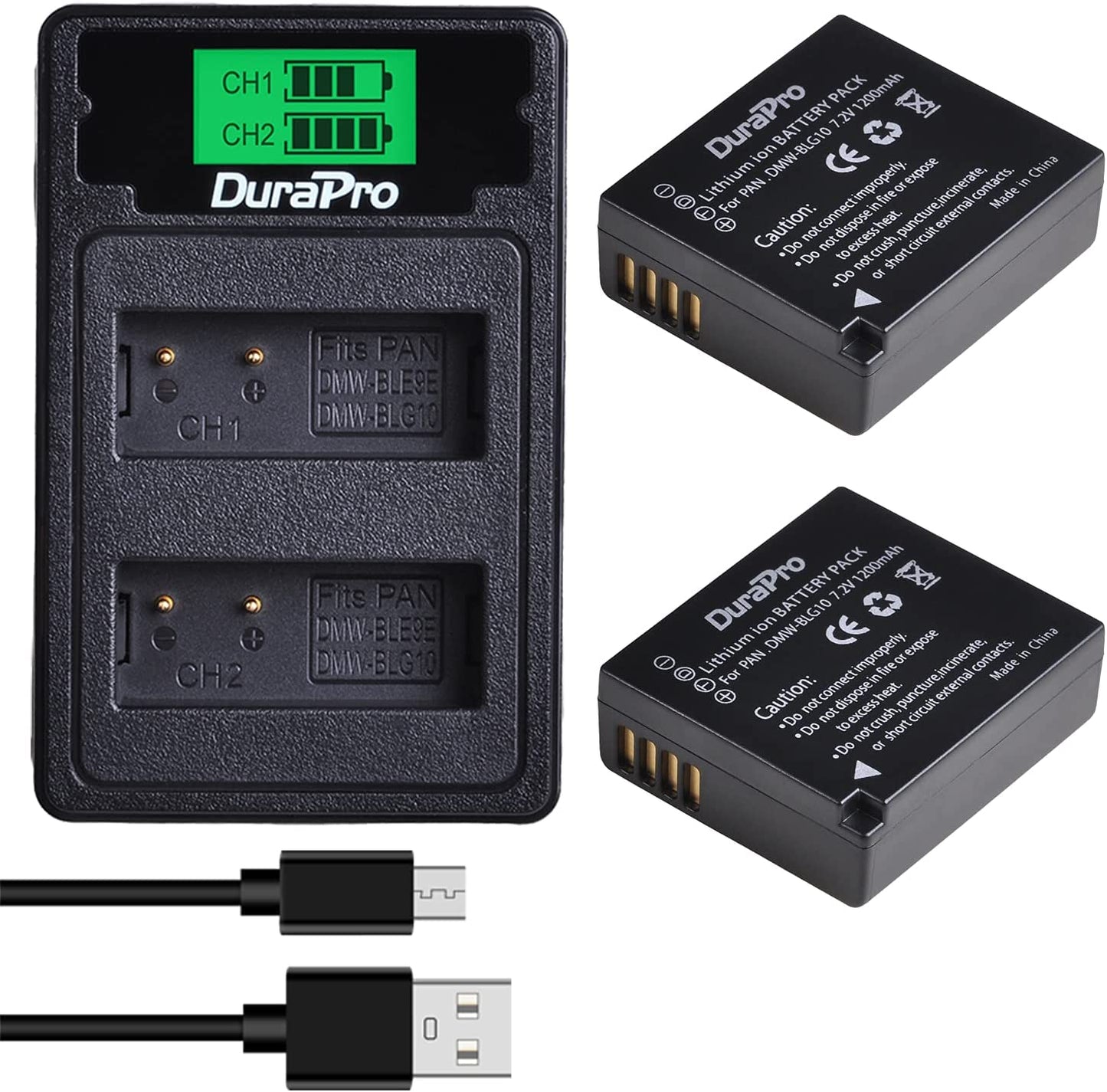 Set de 2 acumulatori DMW-BLE9 1200 mAh cu incarcator dublu cu ecran LCD si 3 moduri de incarcare Micro USB, USB C si USB incorporat, pentru Panasonic DMW-BLG10E Lumix DC TZ202 GX9 DC-LX100 II TZ101 TZ91 TZ81 GF6 GX7 GX80 LX100
