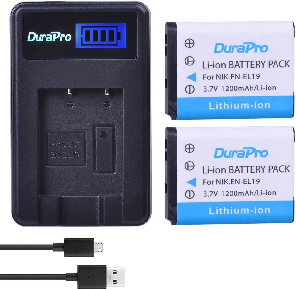 Set de 2 acumulatori EN-EL19 1200 mAh cu incarcator cu display LCD pentru Nikon Coolpix S2600 S2700 S3100 S3500 S4100 S4150 S4400 S5200 S6400 S6900
