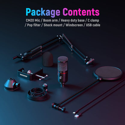 Set microfon profesional gaming, cardioid, plug and play, buton mute si gain control, LED, cu stand brat cu menghina si filtru pop, pentru PC, streaming online, Twitch, Podcast, Neewer CM20