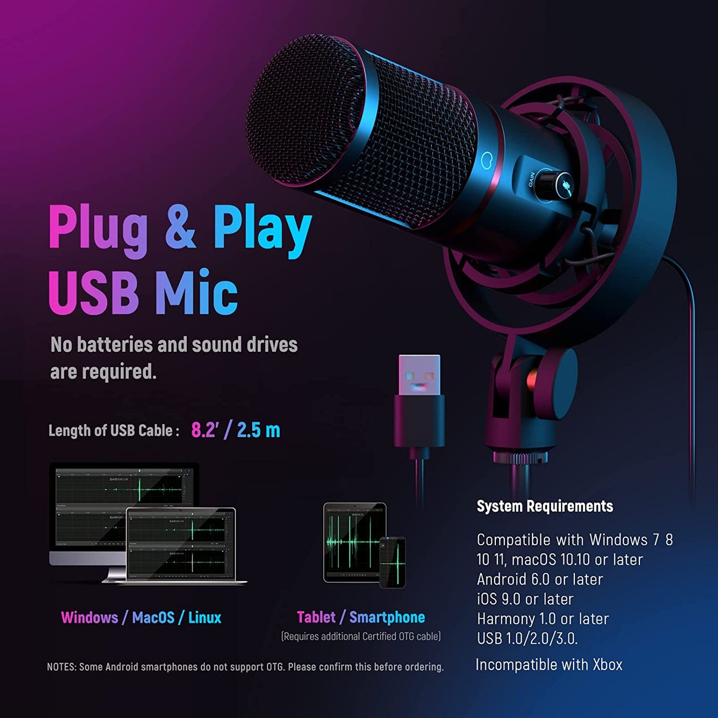 Set microfon profesional gaming, cardioid, plug and play, buton mute si gain control, LED, cu stand brat cu menghina si filtru pop, pentru PC, streaming online, Twitch, Podcast, Neewer CM20