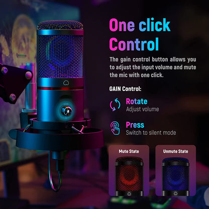 Set microfon profesional gaming, cardioid, plug and play, buton mute si gain control, LED, cu stand brat cu menghina si filtru pop, pentru PC, streaming online, Twitch, Podcast, Neewer CM20