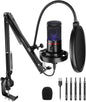 Set microfon profesional gaming, cardioid, plug and play, buton mute si gain control, LED, cu stand brat cu menghina si filtru pop, pentru PC, streaming online, Twitch, Podcast, Neewer CM20