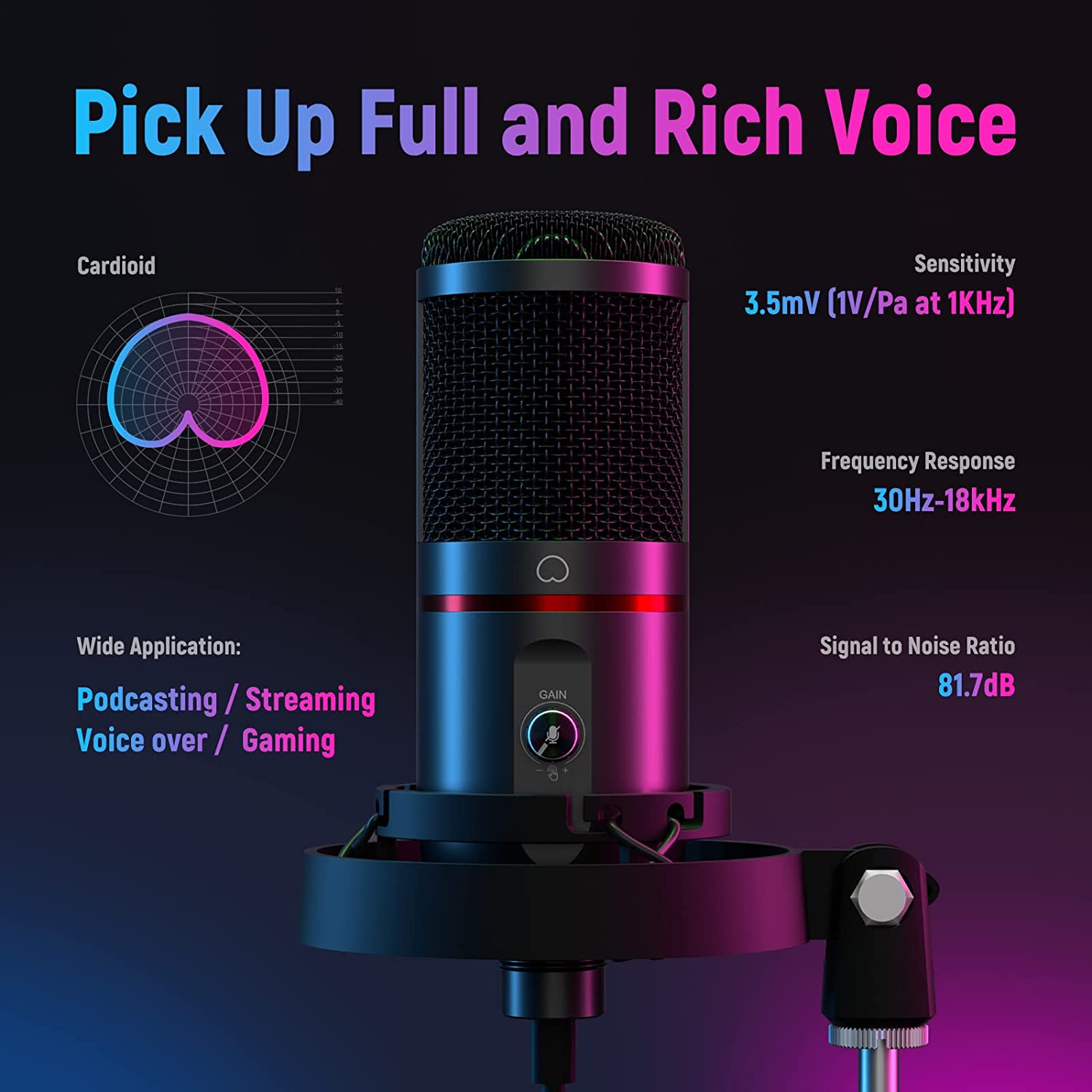 Set microfon profesional gaming, cardioid, plug and play, buton mute si gain control, LED, cu stand brat cu menghina si filtru pop, pentru PC, streaming online, Twitch, Podcast, Neewer CM20