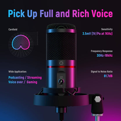 Set microfon profesional gaming, cardioid, plug and play, buton mute si gain control, LED, cu stand brat cu menghina si filtru pop, pentru PC, streaming online, Twitch, Podcast, Neewer CM20