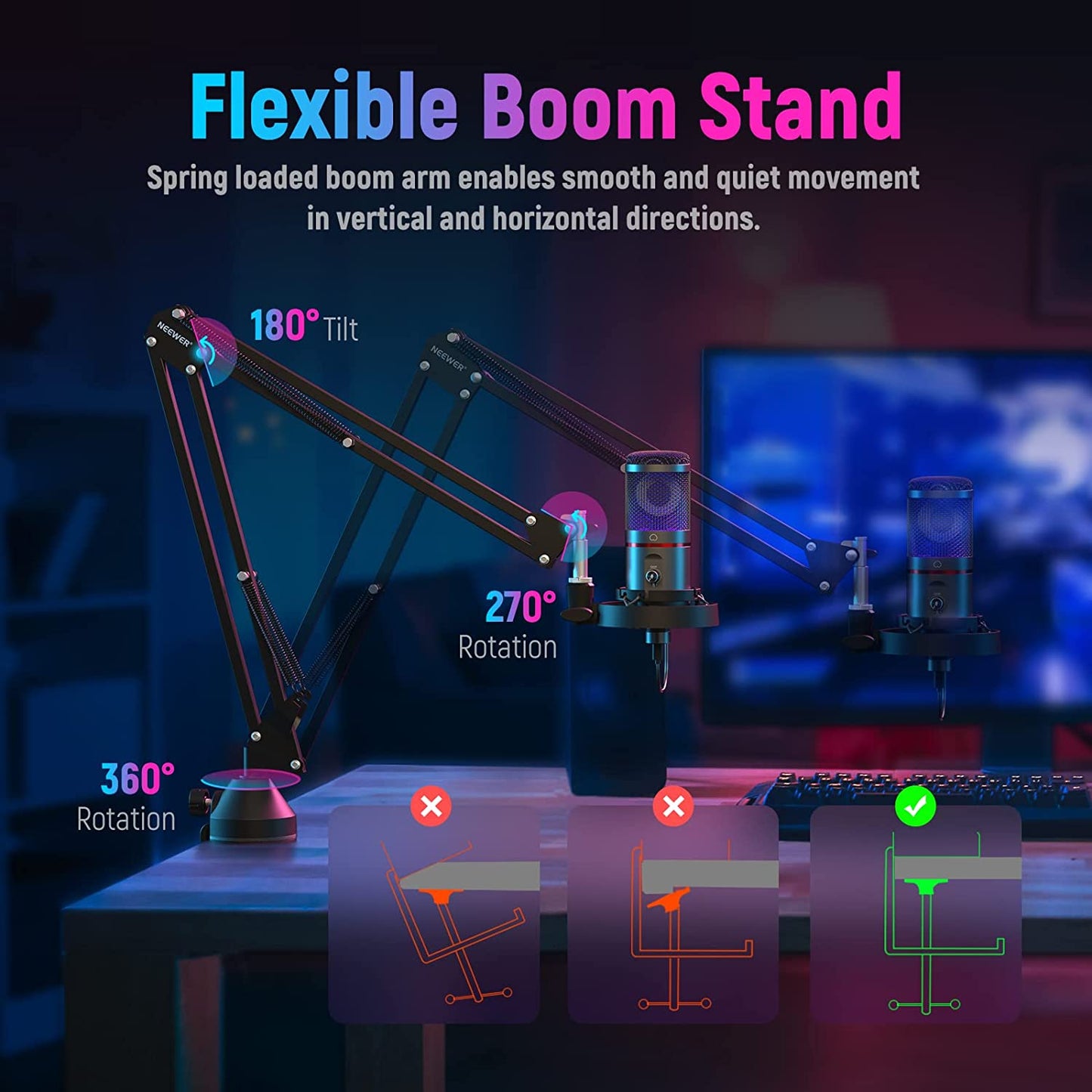 Set microfon profesional gaming, cardioid, plug and play, buton mute si gain control, LED, cu stand brat cu menghina si filtru pop, pentru PC, streaming online, Twitch, Podcast, Neewer CM20