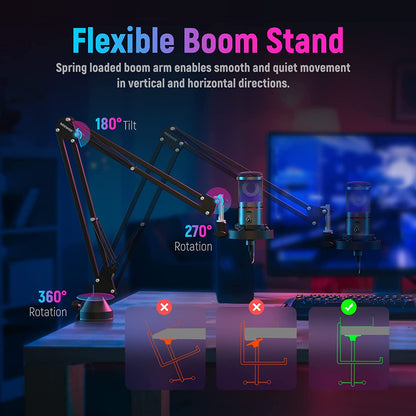 Set microfon profesional gaming, cardioid, plug and play, buton mute si gain control, LED, cu stand brat cu menghina si filtru pop, pentru PC, streaming online, Twitch, Podcast, Neewer CM20
