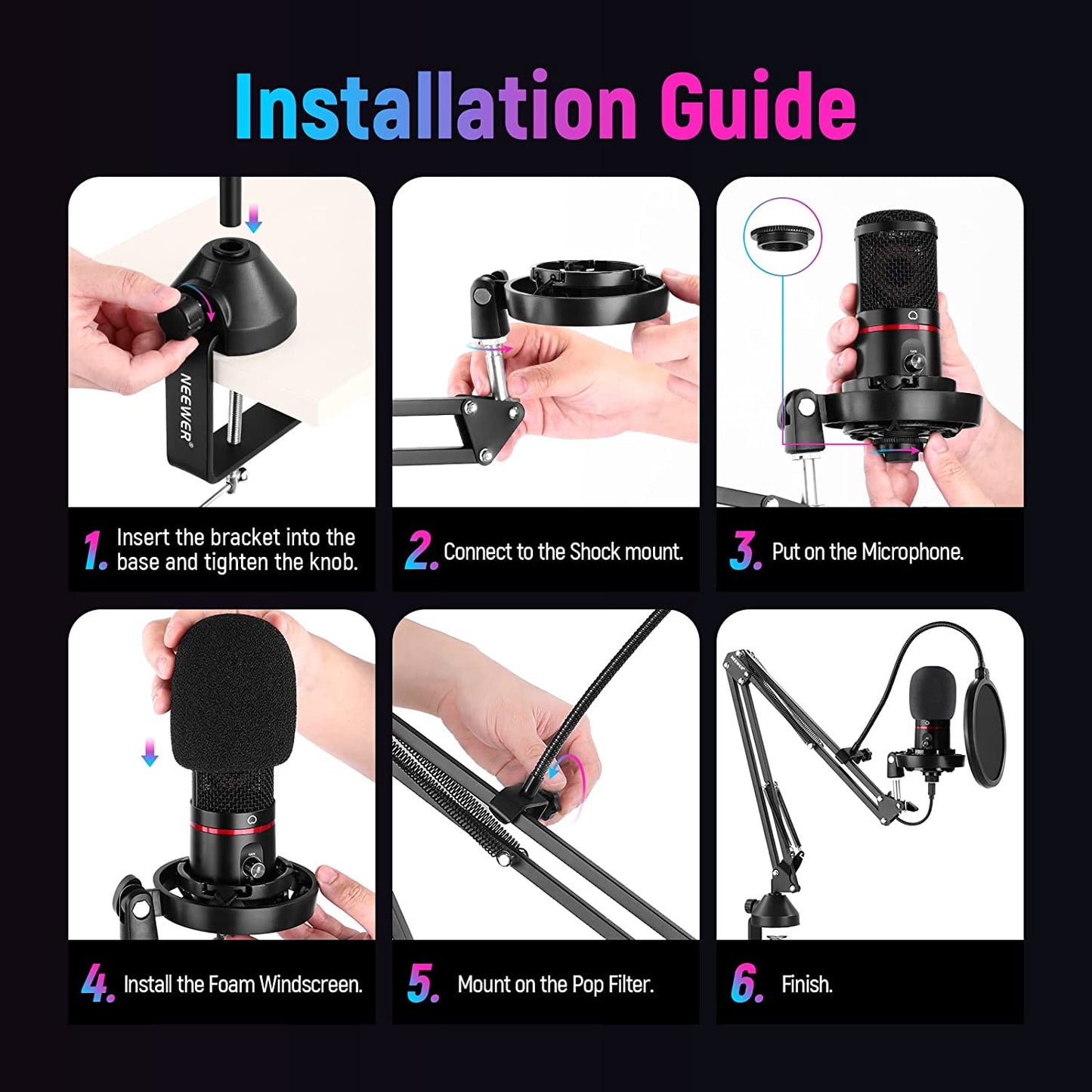 Set microfon profesional gaming, cardioid, plug and play, buton mute si gain control, LED, cu stand brat cu menghina si filtru pop, pentru PC, streaming online, Twitch, Podcast, Neewer CM20