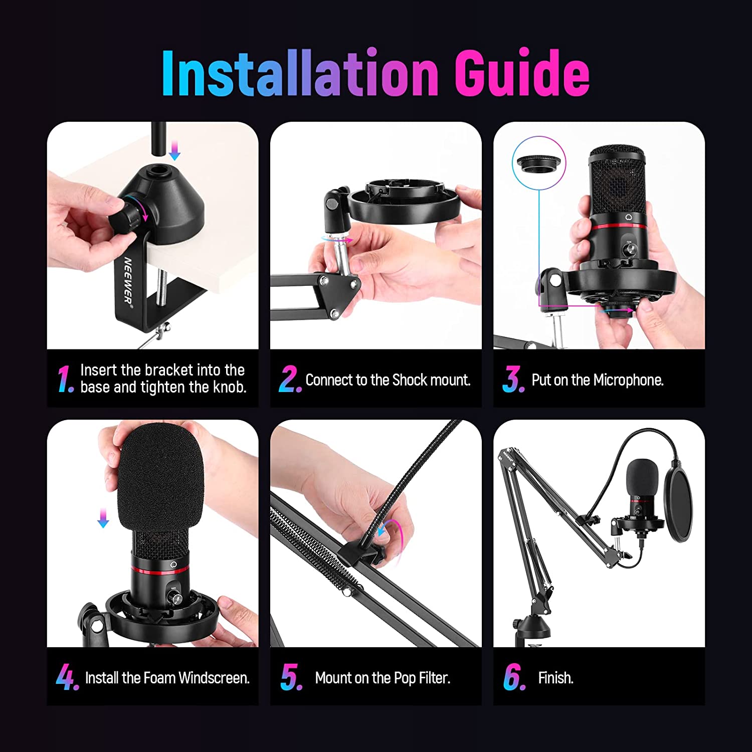 Set microfon profesional gaming, cardioid, plug and play, buton mute si gain control, LED, cu stand brat cu menghina si filtru pop, pentru PC, streaming online, Twitch, Podcast, Neewer CM20
