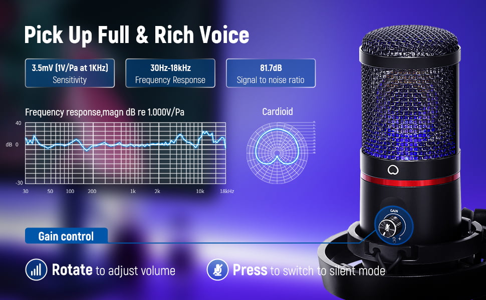 Set microfon profesional gaming, cardioid, plug and play, buton mute si gain control, LED, cu stand brat cu menghina si filtru pop, pentru PC, streaming online, Twitch, Podcast, Neewer CM20