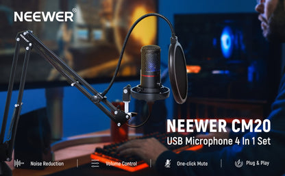 Set microfon profesional gaming, cardioid, plug and play, buton mute si gain control, LED, cu stand brat cu menghina si filtru pop, pentru PC, streaming online, Twitch, Podcast, Neewer CM20