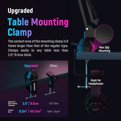 Set microfon profesional gaming, cardioid, plug and play, buton mute si gain control, LED, cu stand brat cu menghina si filtru pop, pentru PC, streaming online, Twitch, Podcast, Neewer CM20
