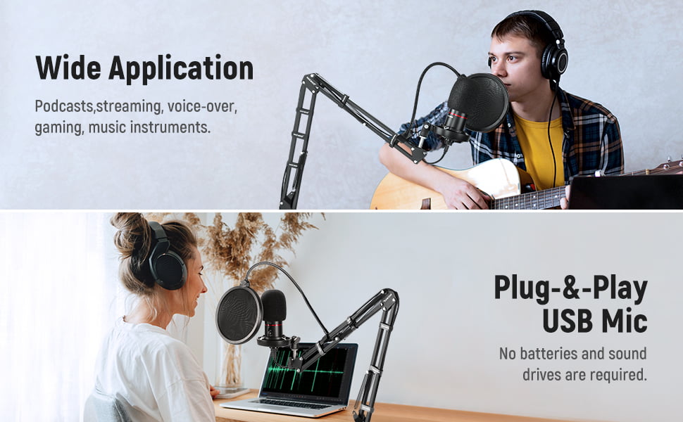 Set microfon profesional gaming, cardioid, plug and play, buton mute si gain control, LED, cu stand brat cu menghina si filtru pop, pentru PC, streaming online, Twitch, Podcast, Neewer CM20