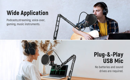 Set microfon profesional gaming, cardioid, plug and play, buton mute si gain control, LED, cu stand brat cu menghina si filtru pop, pentru PC, streaming online, Twitch, Podcast, Neewer CM20
