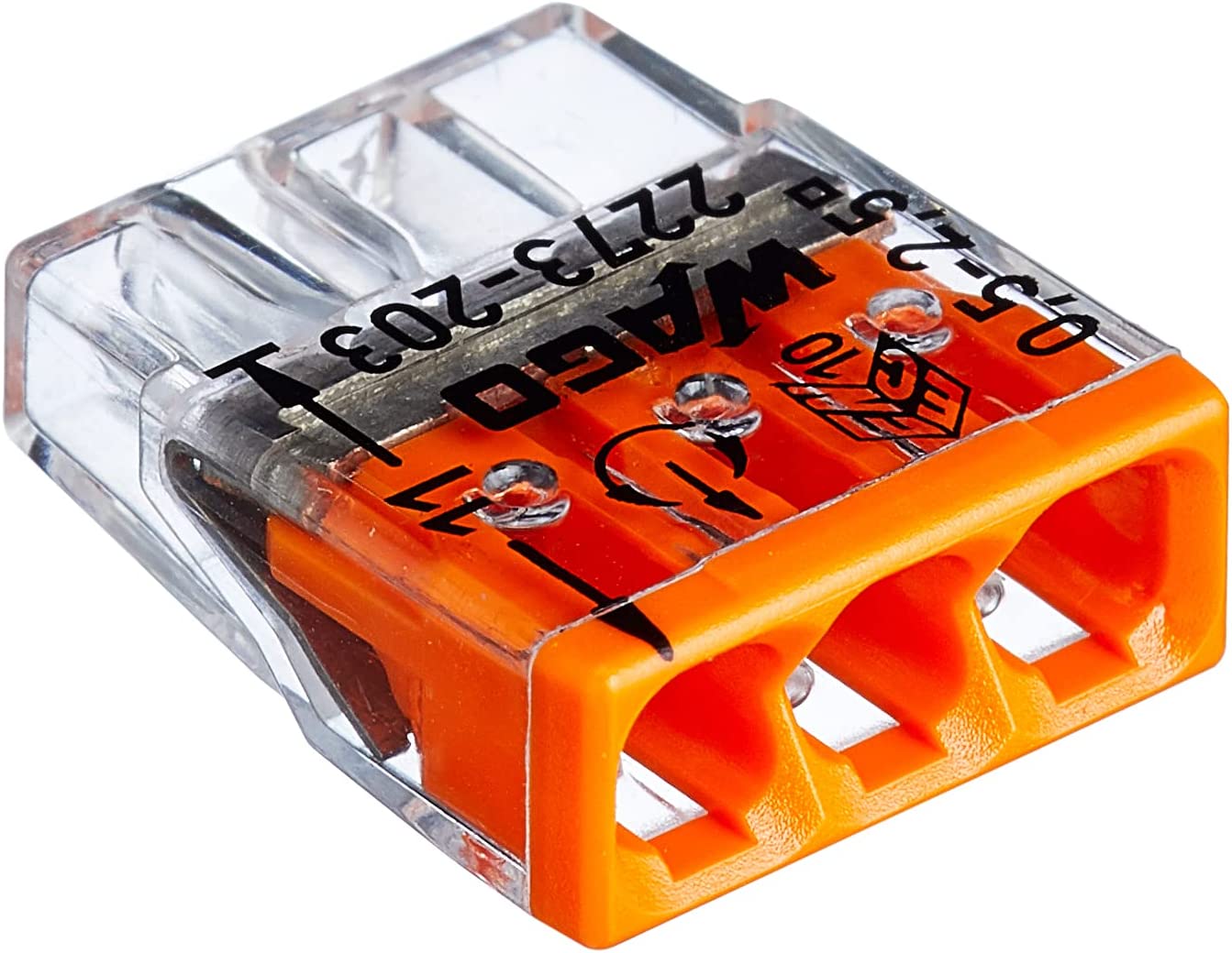 Set 100 cleme Wago 3 poli 0,5-2,5 mm², pentru conductori unifilari, 450V 24 A, Transparent / Portocaliu