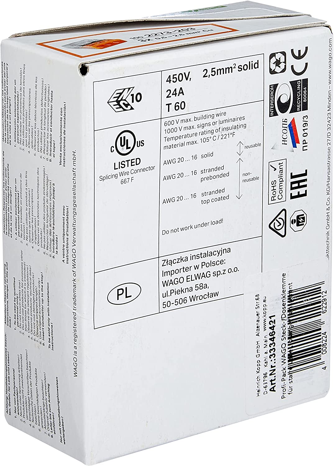 Set 100 cleme Wago 3 poli 0,5-2,5 mm², pentru conductori unifilari, 450V 24 A, Transparent / Portocaliu