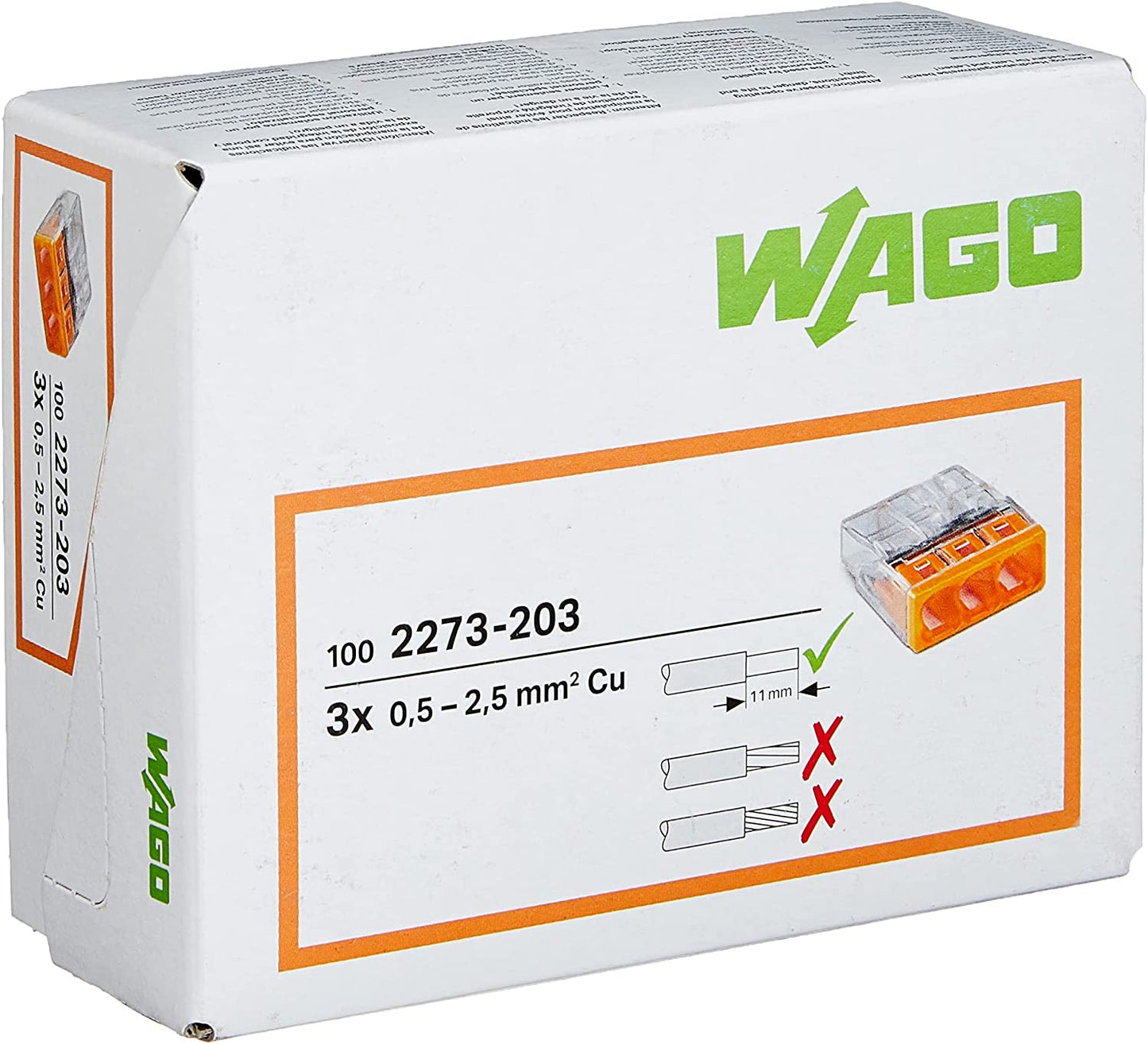 Set 100 cleme Wago 3 poli 0,5-2,5 mm², pentru conductori unifilari, 450V 24 A, Transparent / Portocaliu