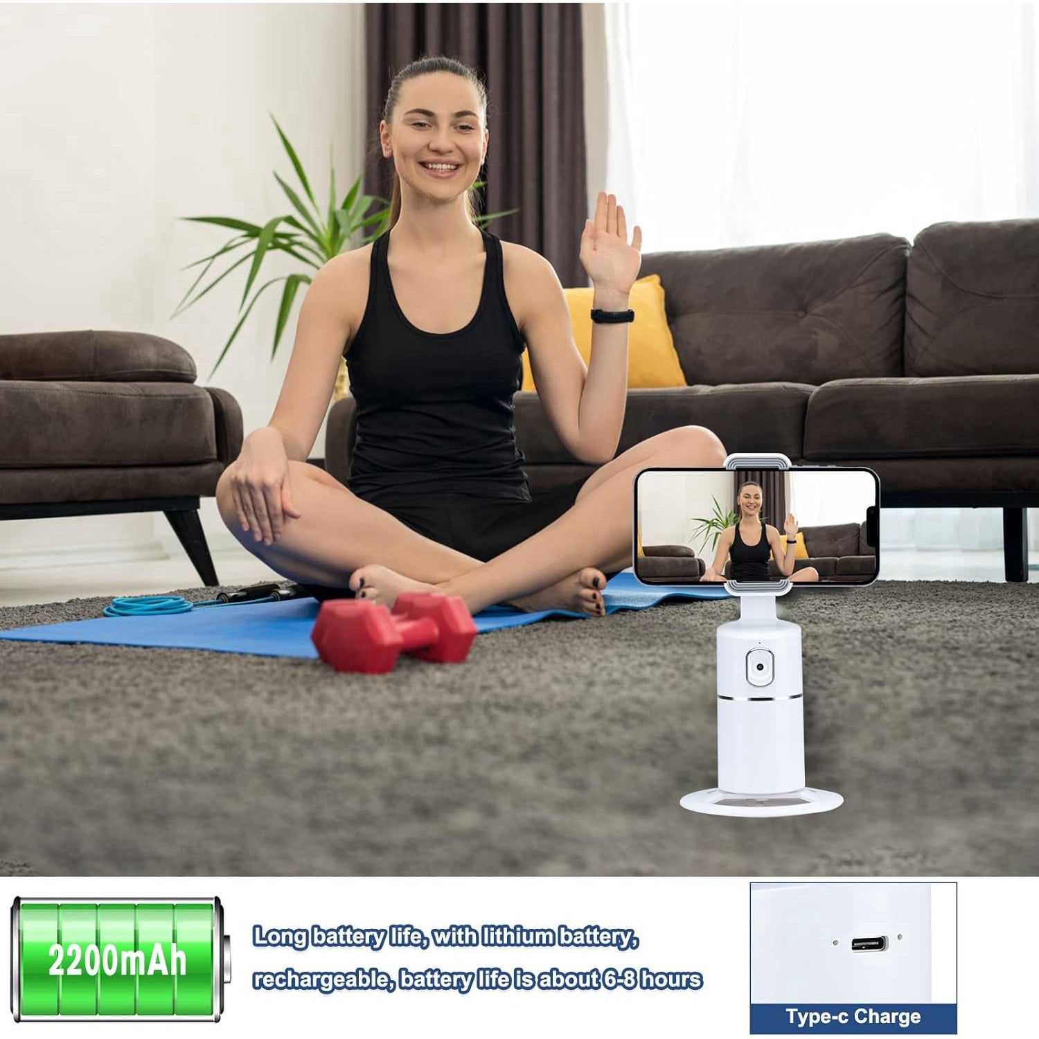 Suport smartphone cu urmarire faciala, stabilizator telefon cu rotatie 360°, acumulator 5000 mAh, nu necesita aplicatie, cu filet 1/4 inch, pentru inregistrare video, streaming live, wireless, portabil