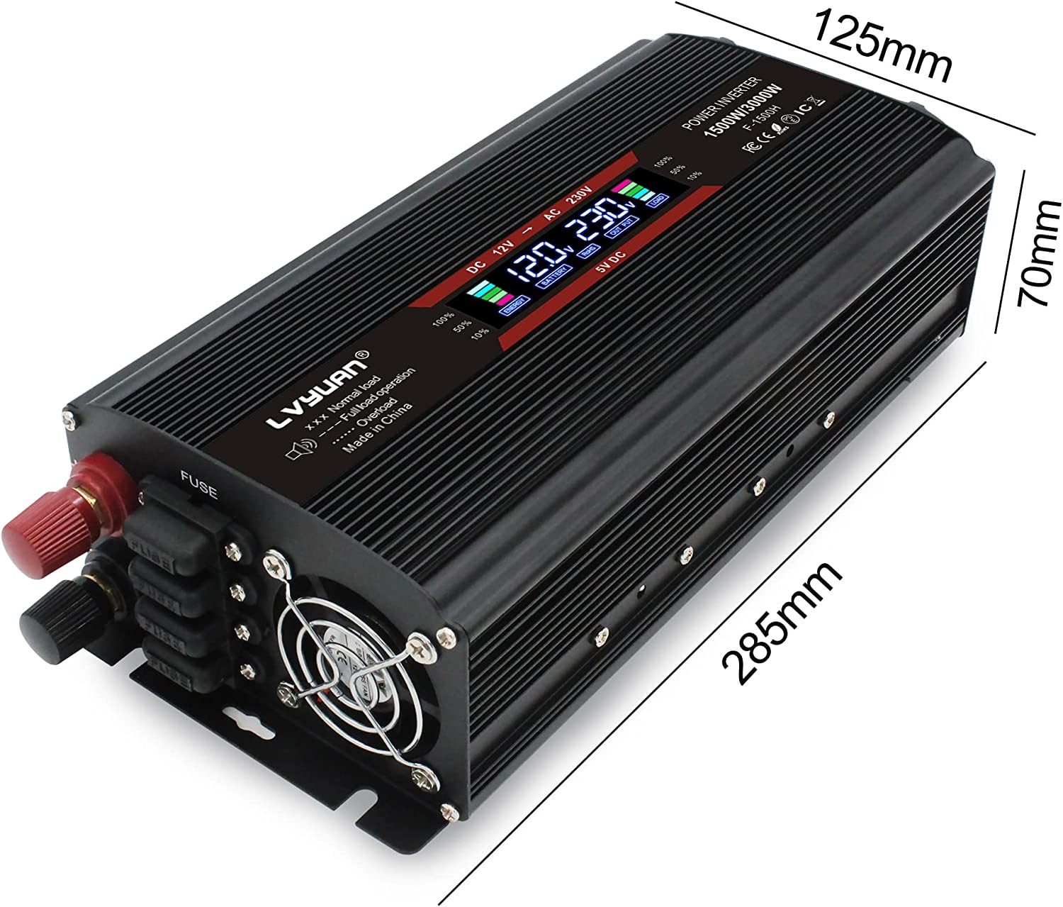 Invertor de tensiune 12-230 V, auto, 1500 W/ 3000W (varf), cu ecran LCD, 2 prize si 1 USB, cu adaptor priza auto si sigurante de rezerva