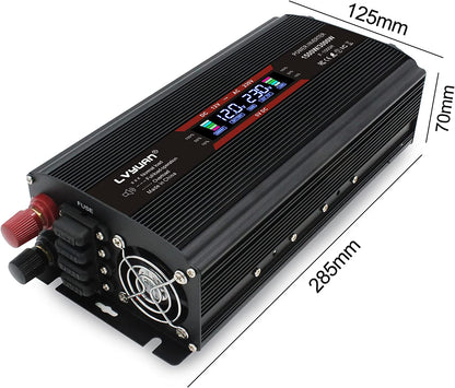 Invertor de tensiune 12-230 V, auto, 1500 W/ 3000W (varf), cu ecran LCD, 2 prize si 1 USB, cu adaptor priza auto si sigurante de rezerva