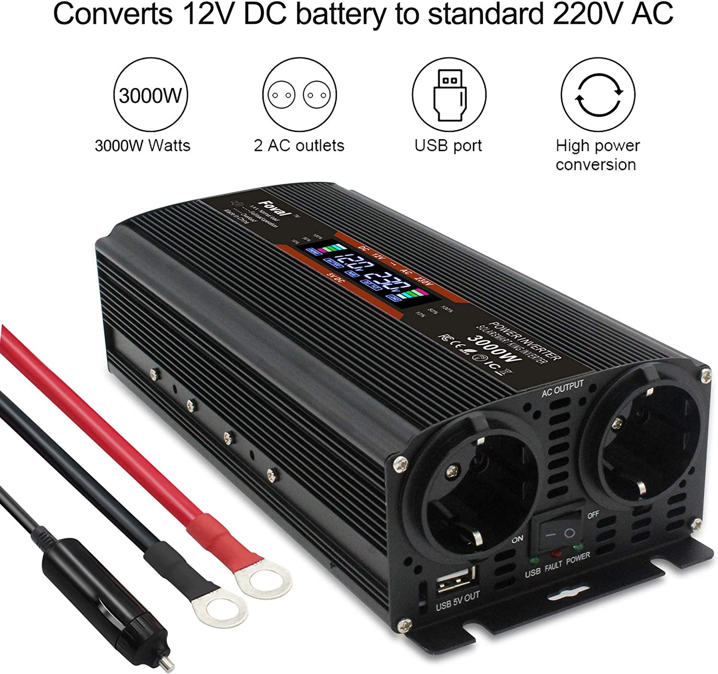 Invertor de tensiune 12-230 V, auto, 1500 W/ 3000W (varf), cu ecran LCD, 2 prize si 1 USB, cu adaptor priza auto si sigurante de rezerva