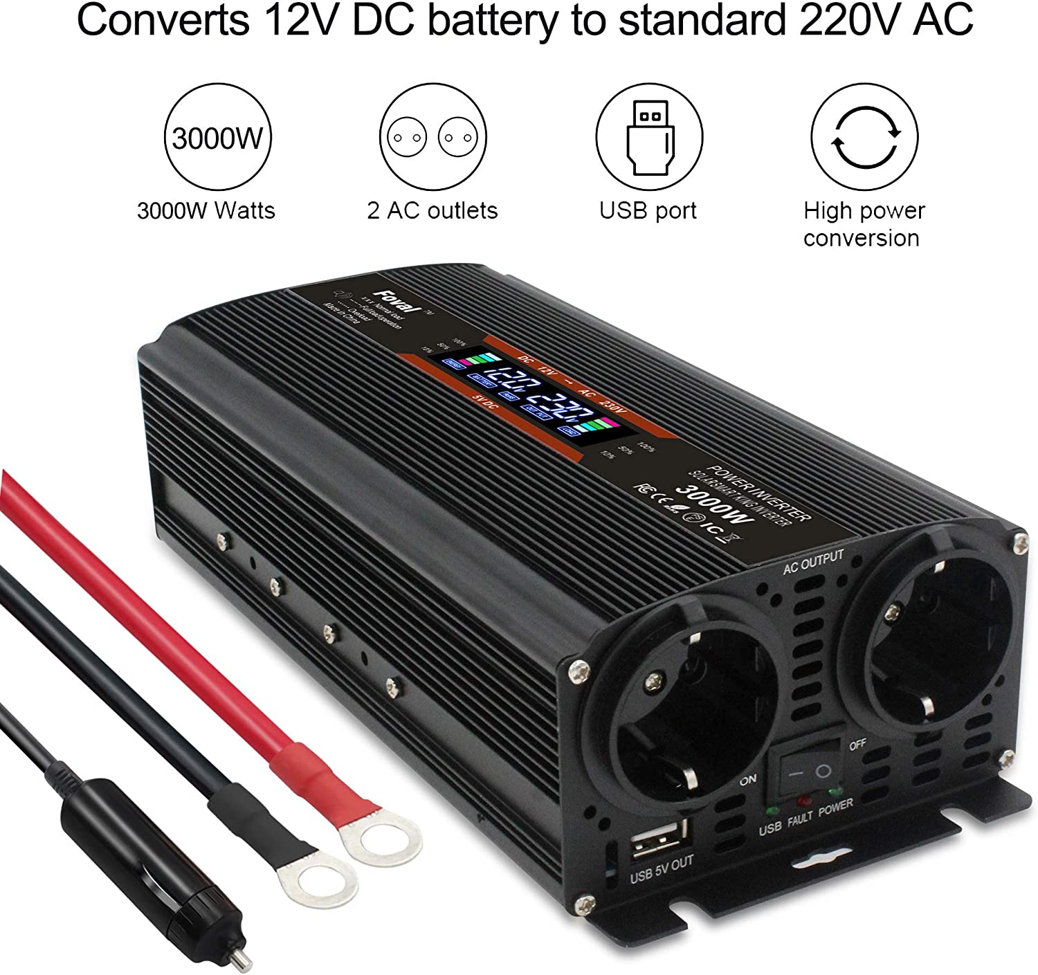 Invertor de tensiune 12-230 V, auto, 1500 W/ 3000W (varf), cu ecran LCD, 2 prize si 1 USB, cu adaptor priza auto si sigurante de rezerva