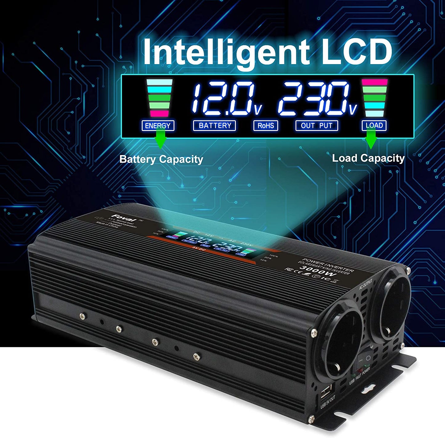 Invertor de tensiune 12-230 V, auto, 1500 W/ 3000W (varf), cu ecran LCD, 2 prize si 1 USB, cu adaptor priza auto si sigurante de rezerva