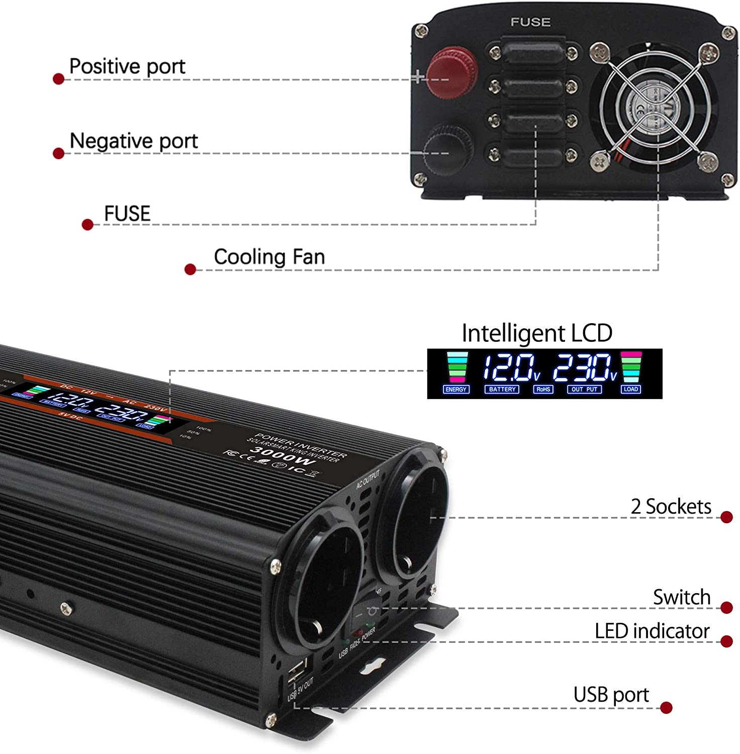 Invertor de tensiune 12-230 V, auto, 1500 W/ 3000W (varf), cu ecran LCD, 2 prize si 1 USB, cu adaptor priza auto si sigurante de rezerva