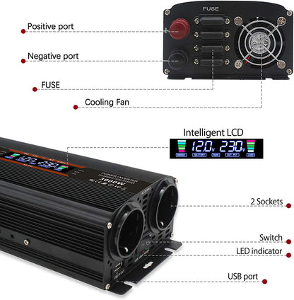 Invertor de tensiune 12-230 V, auto, 1500 W/ 3000W (varf), cu ecran LCD, 2 prize si 1 USB, cu adaptor priza auto si sigurante de rezerva