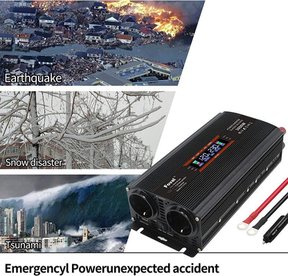 Invertor de tensiune 12-230 V, auto, 1500 W/ 3000W (varf), cu ecran LCD, 2 prize si 1 USB, cu adaptor priza auto si sigurante de rezerva