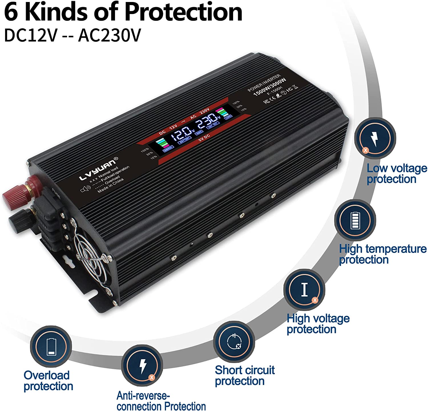 Invertor de tensiune 12-230 V, auto, 1500 W/ 3000W (varf), cu ecran LCD, 2 prize si 1 USB, cu adaptor priza auto si sigurante de rezerva