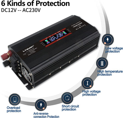 Invertor de tensiune 12-230 V, auto, 1500 W/ 3000W (varf), cu ecran LCD, 2 prize si 1 USB, cu adaptor priza auto si sigurante de rezerva