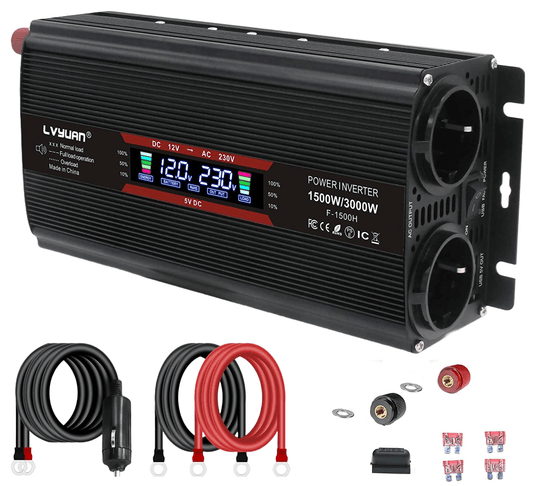 Invertor de tensiune 12-230 V, auto, 1500 W/ 3000W (varf), cu ecran LCD, 2 prize si 1 USB, cu adaptor priza auto si sigurante de rezerva